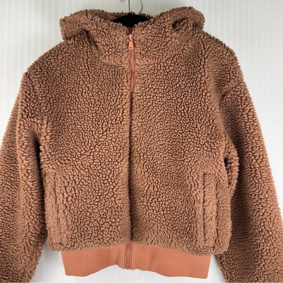 Fabletics Summit Tan Teddy Sherpa Hooded Jacket Women Size Small Cropped Fleece - Picture 3 of 7